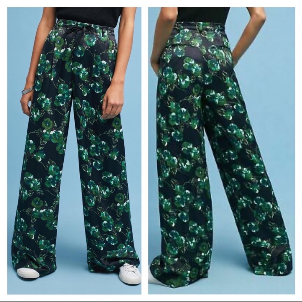 Elevenses Anthropologie black and green floral wide leg pants